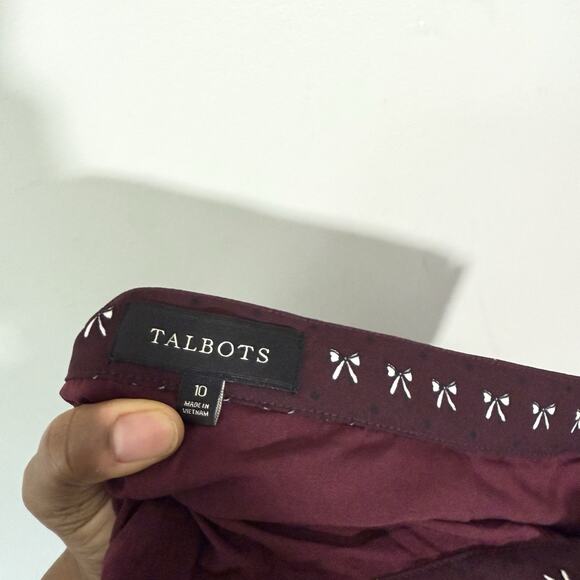 Talbots Dotty Bows Button Front Midi Full Skirt Sz 10 Burgundy Fall Fashion New - Picture 8 of 9
